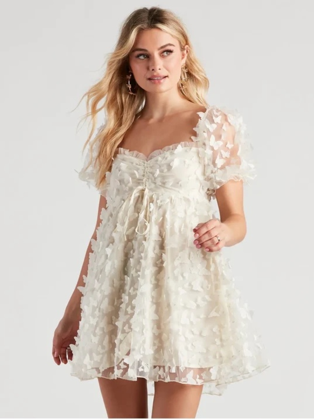 MABLE Sunshine Butterfly Appliqué Babydoll Mini Dress – Ivory/Cream - Size M